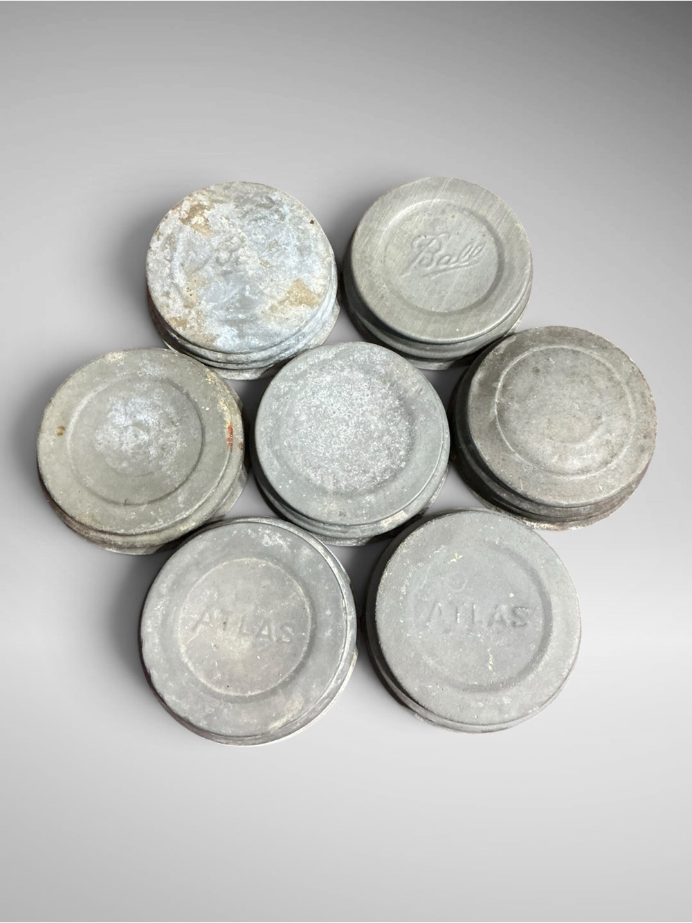 Antique Mason Jar Zinc Lids Glass Inserts Ball Atlas Boyd’s Caps Lot of 7